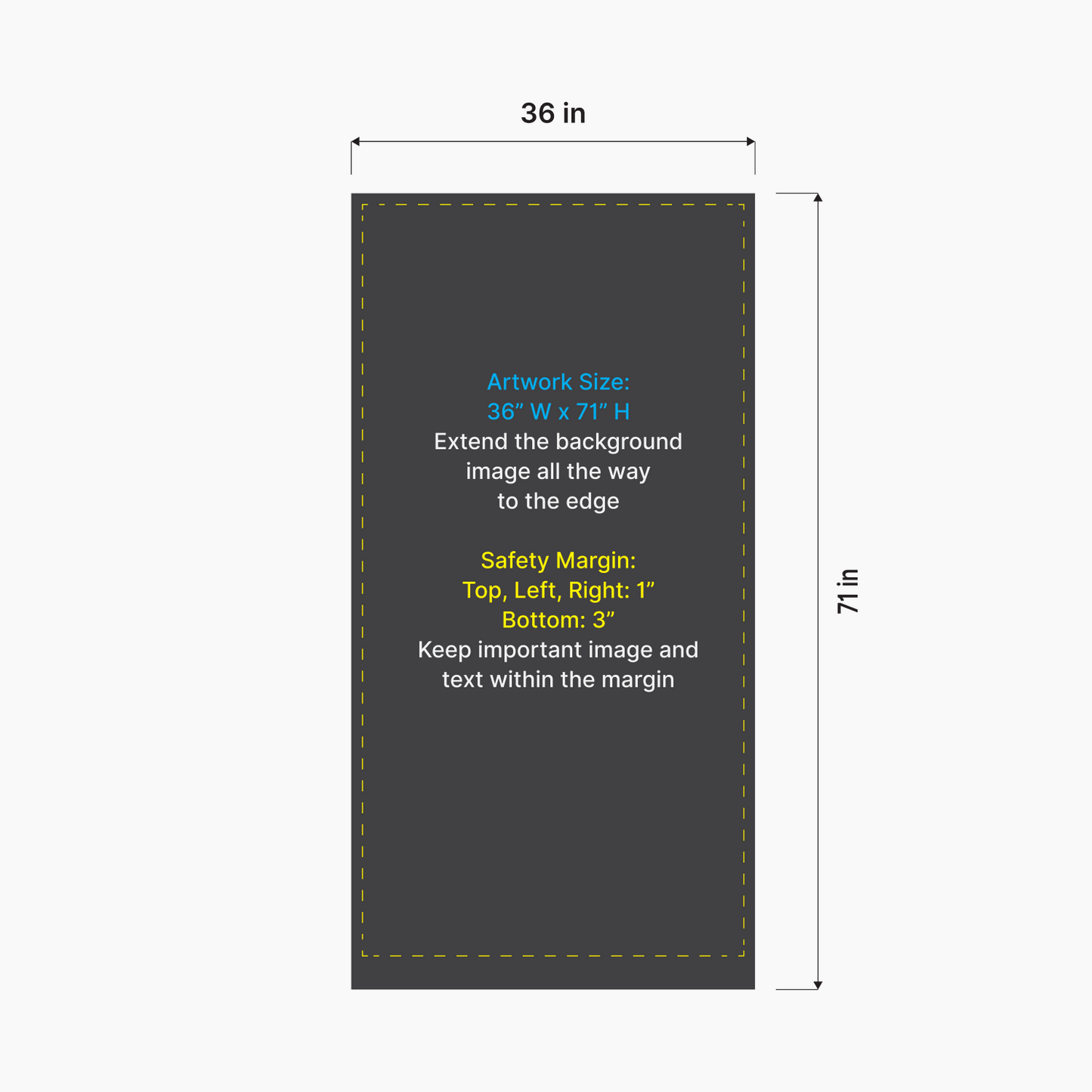 Artwork size and safety margin setup diagram for GoVizly 36x69 premium mid-height retractable banner stand