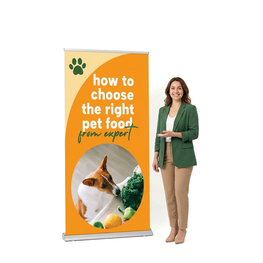 GoVizly 36x69 premium mid-height retractable banner stand shown next to person for scale