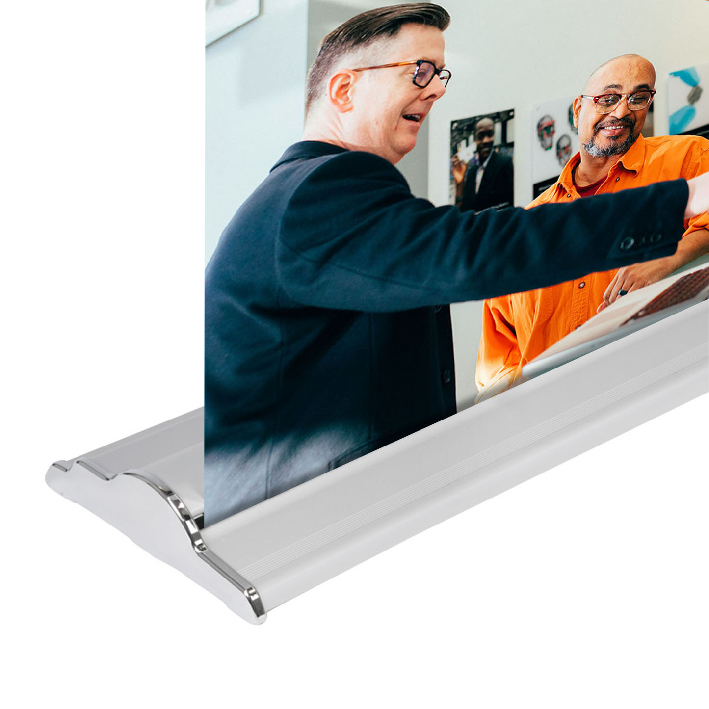 Slim profile angle view of GoVizly 36x80 premium wide retractable banner stand and footless aluminum base