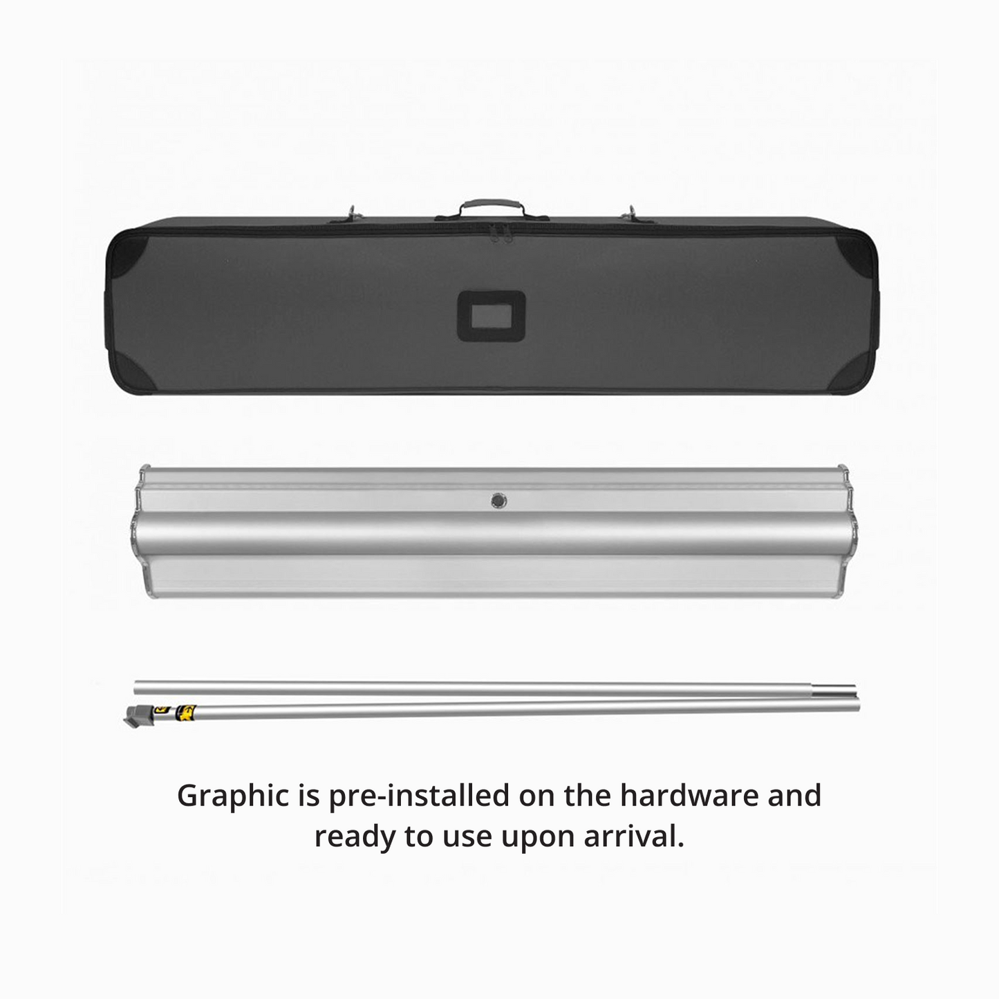 All included components of GoVizly 36x80 premium wide retractable banner stand — base, pole, graphic, and carrying case