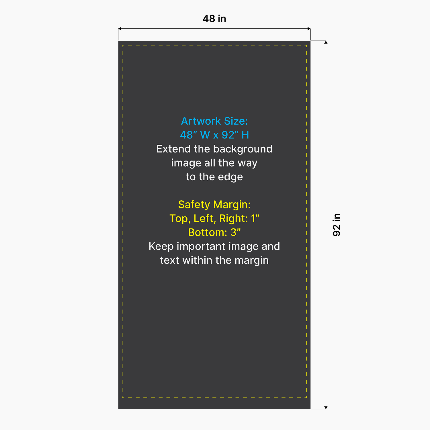 Artwork size and safety margin setup diagram for GoVizly 48 inch height-adjustable retractable banner stand