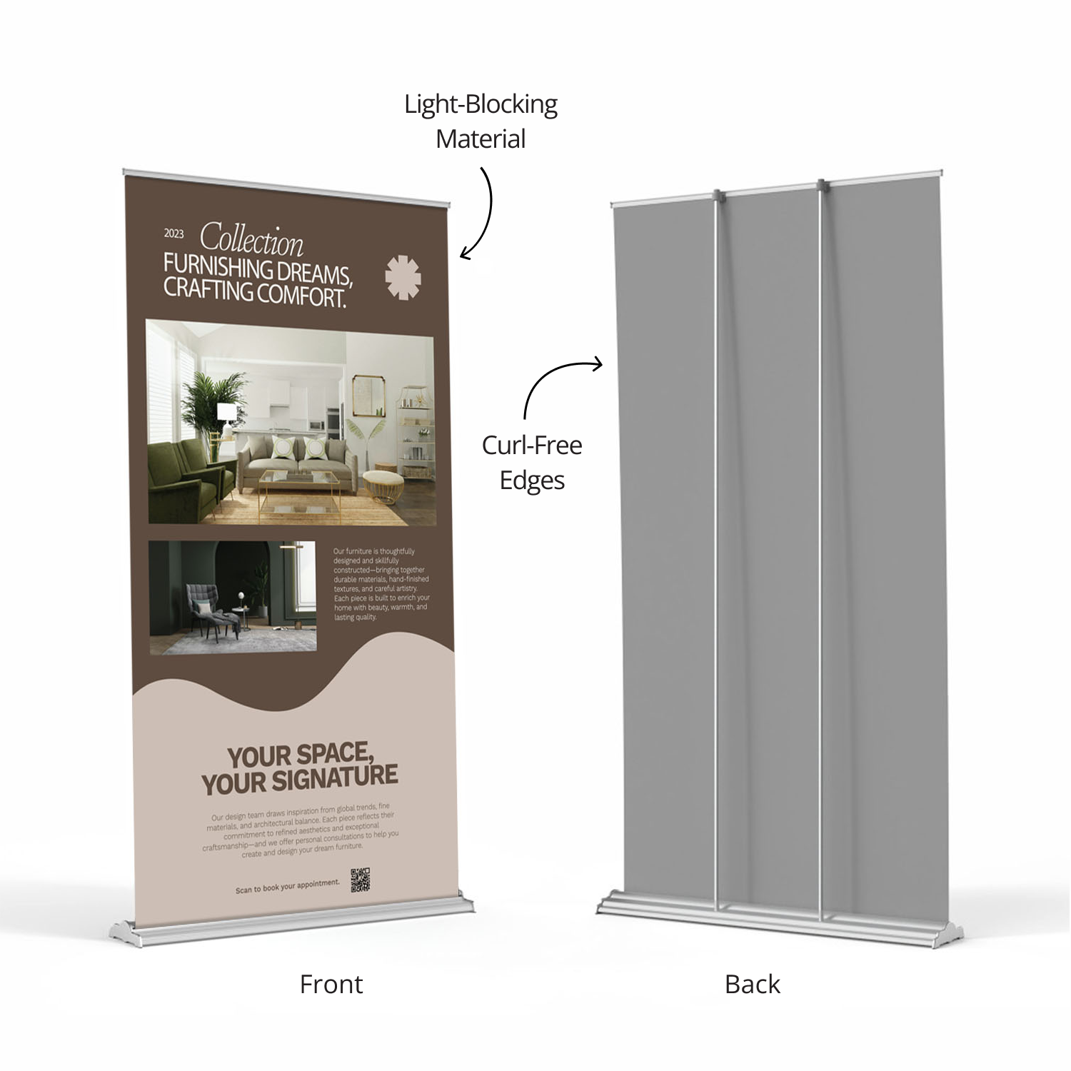 Front and back view of GoVizly 48 inch height-adjustable retractable banner stand showing light-blocking fabric