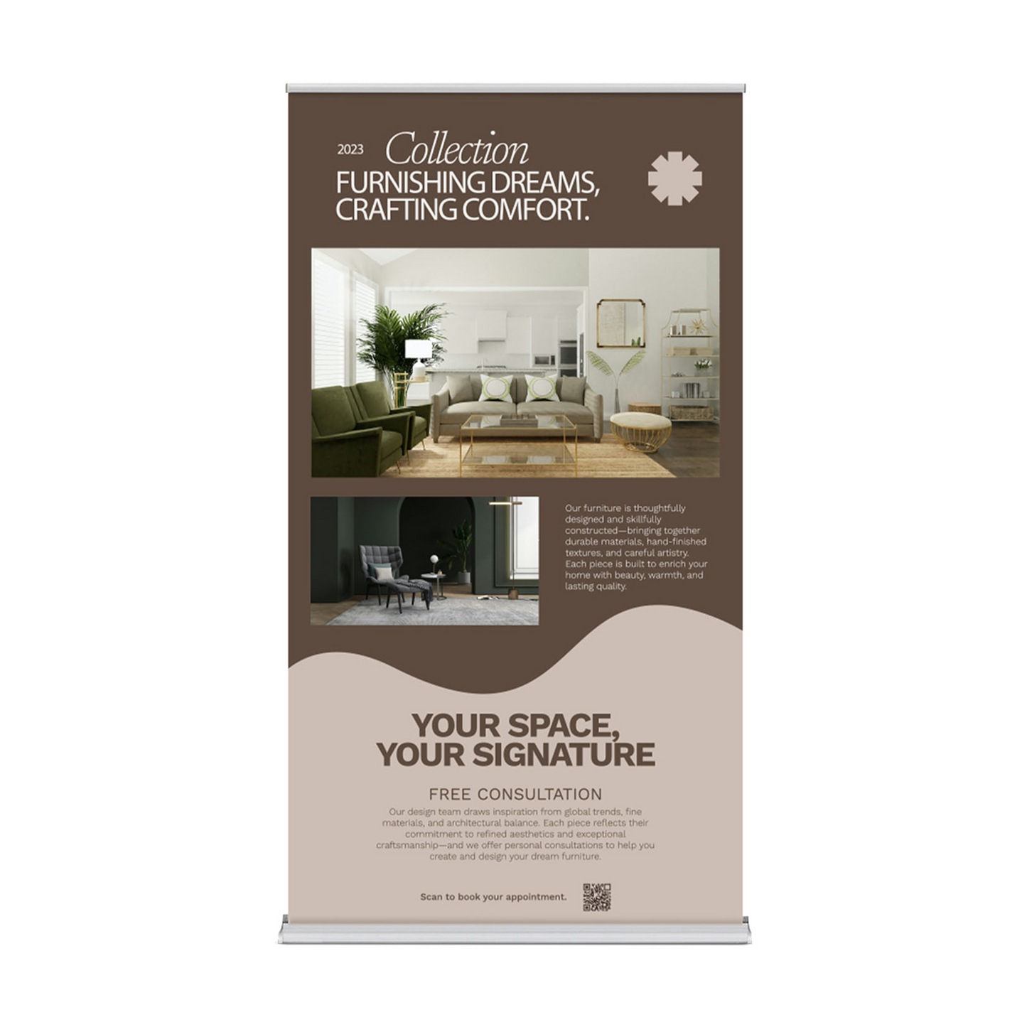 GoVizly 48 inch height-adjustable retractable banner stand front view with full-color printed graphic
