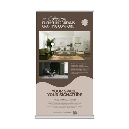 GoVizly 48 inch height-adjustable retractable banner stand front view with full-color printed graphic