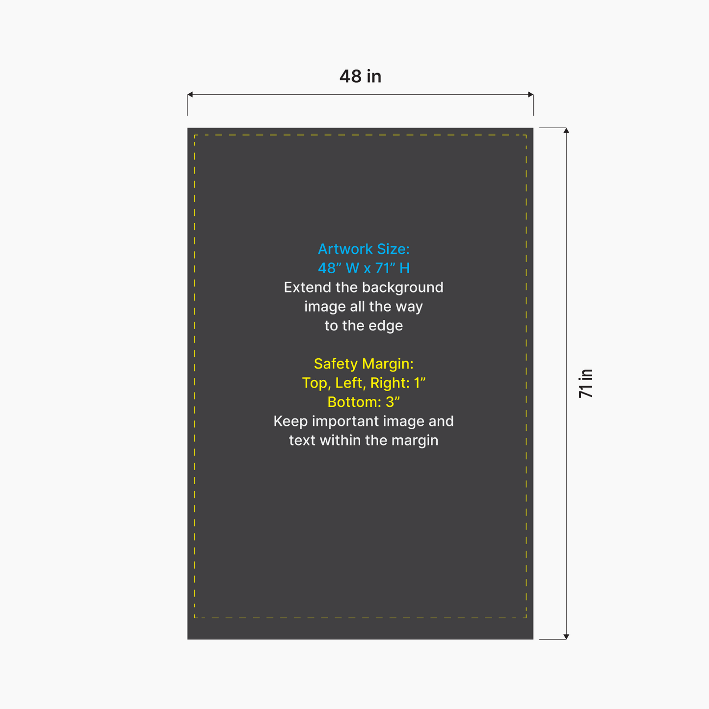 Artwork size and safety margin setup diagram for GoVizly 48x69 wide retail banner stand
