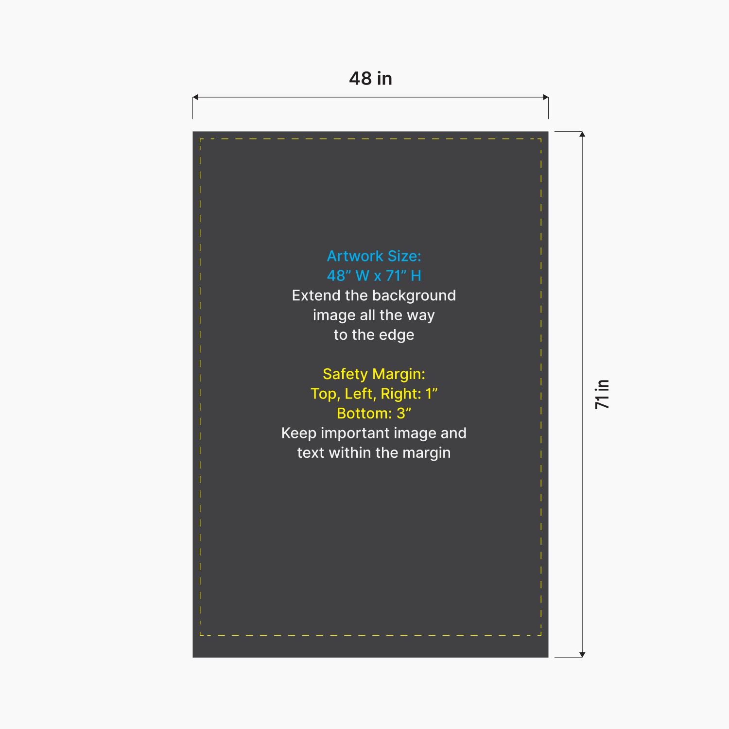 Artwork size and safety margin setup diagram for GoVizly 48x69 wide retail banner stand