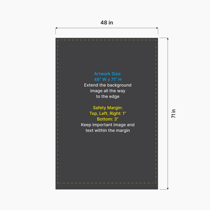 Artwork size and safety margin setup diagram for GoVizly 48x69 wide retail banner stand