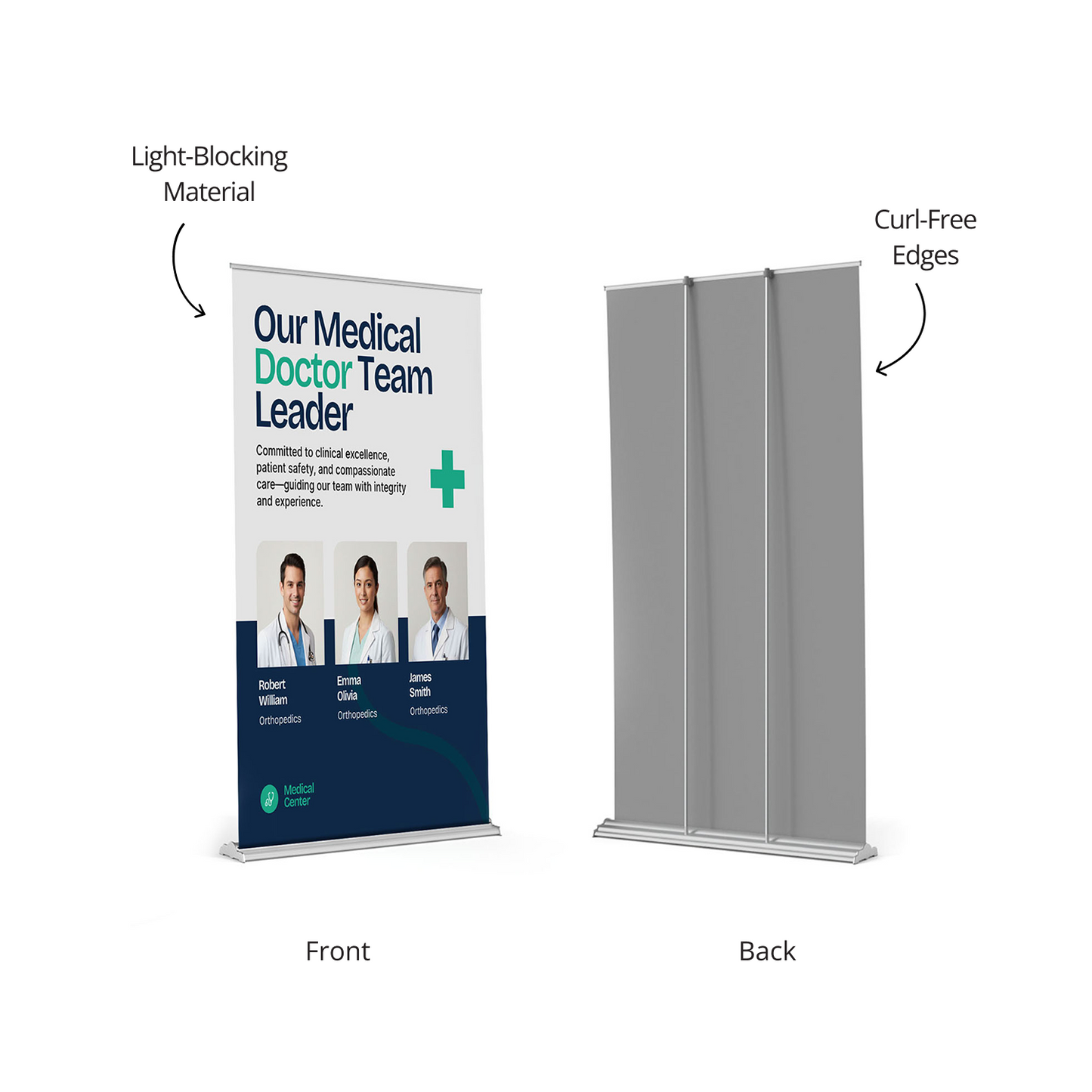 Front and back view of GoVizly 48x69 wide retail banner stand showing light-blocking fabric and multiple support poles