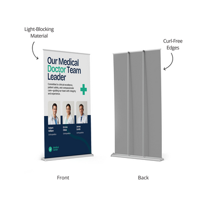 Front and back view of GoVizly 48x69 wide retail banner stand showing light-blocking fabric and multiple support poles