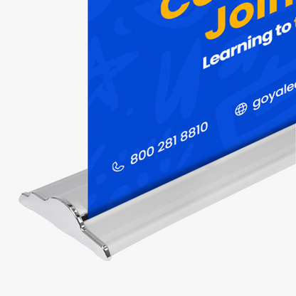 Close-up of GoVizly 48x80 premium wide retractable banner stand silver aluminum footless base