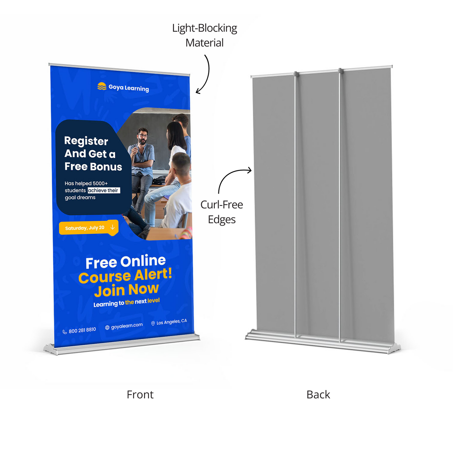 Front and back view of GoVizly 48x80 premium wide retractable banner stand showing light-blocking fabric and dual support poles