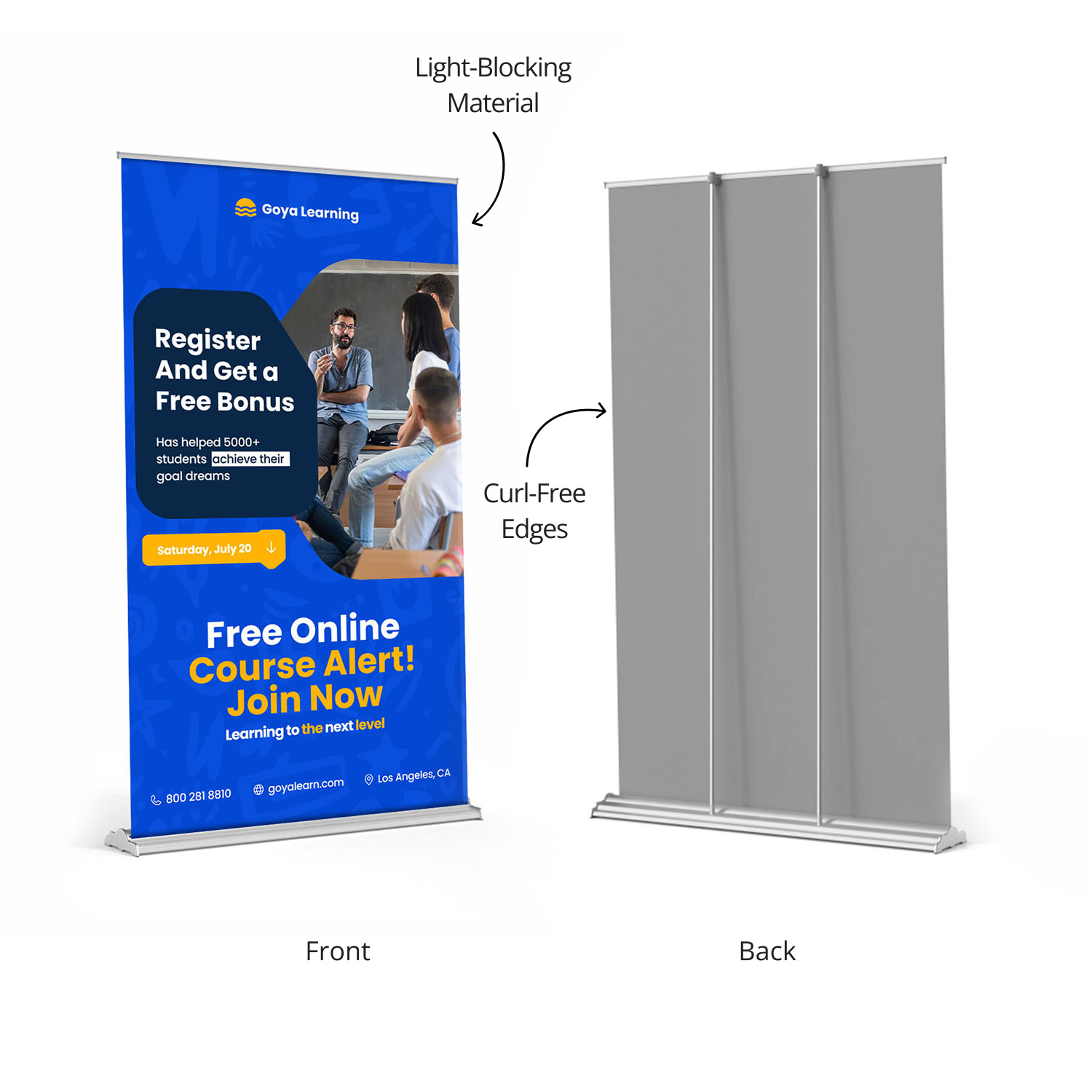 Front and back view of GoVizly 48x80 premium wide retractable banner stand showing light-blocking fabric and dual support poles