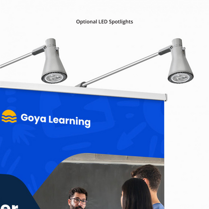 Optional dual LED spotlight accessory shown with GoVizly 48x80 premium wide retractable banner stand