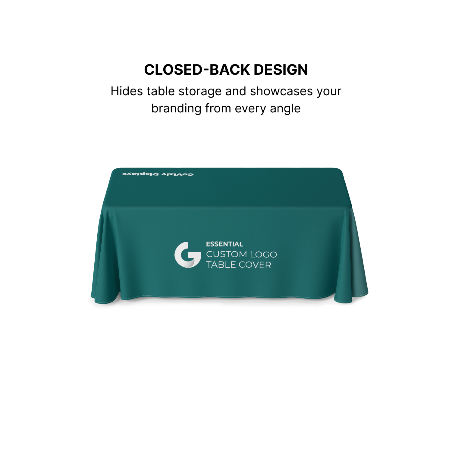 GoVizly 4ft closed back table cover angled view showing 4-sided branded coverage with no open gaps
