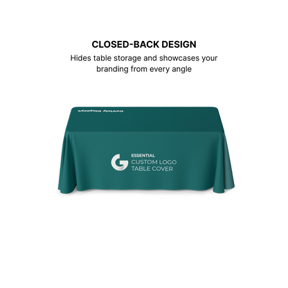 GoVizly 4ft closed back table cover angled view showing 4-sided branded coverage with no open gaps