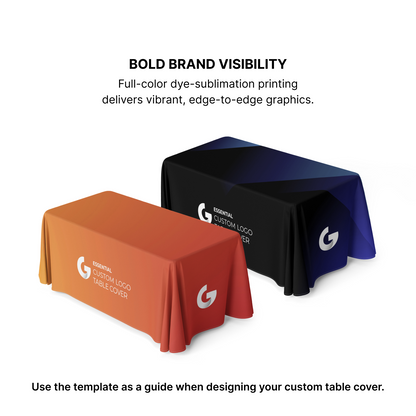 GoVizly 4ft closed back table cover displayed at a branded trade show booth with custom logo print on all four sides
