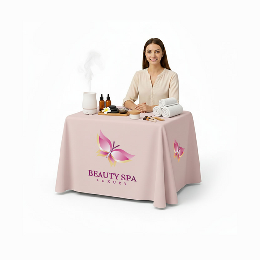 GoVizly 4ft closed back table cover displayed at a branded trade show booth with custom logo print on all four sides