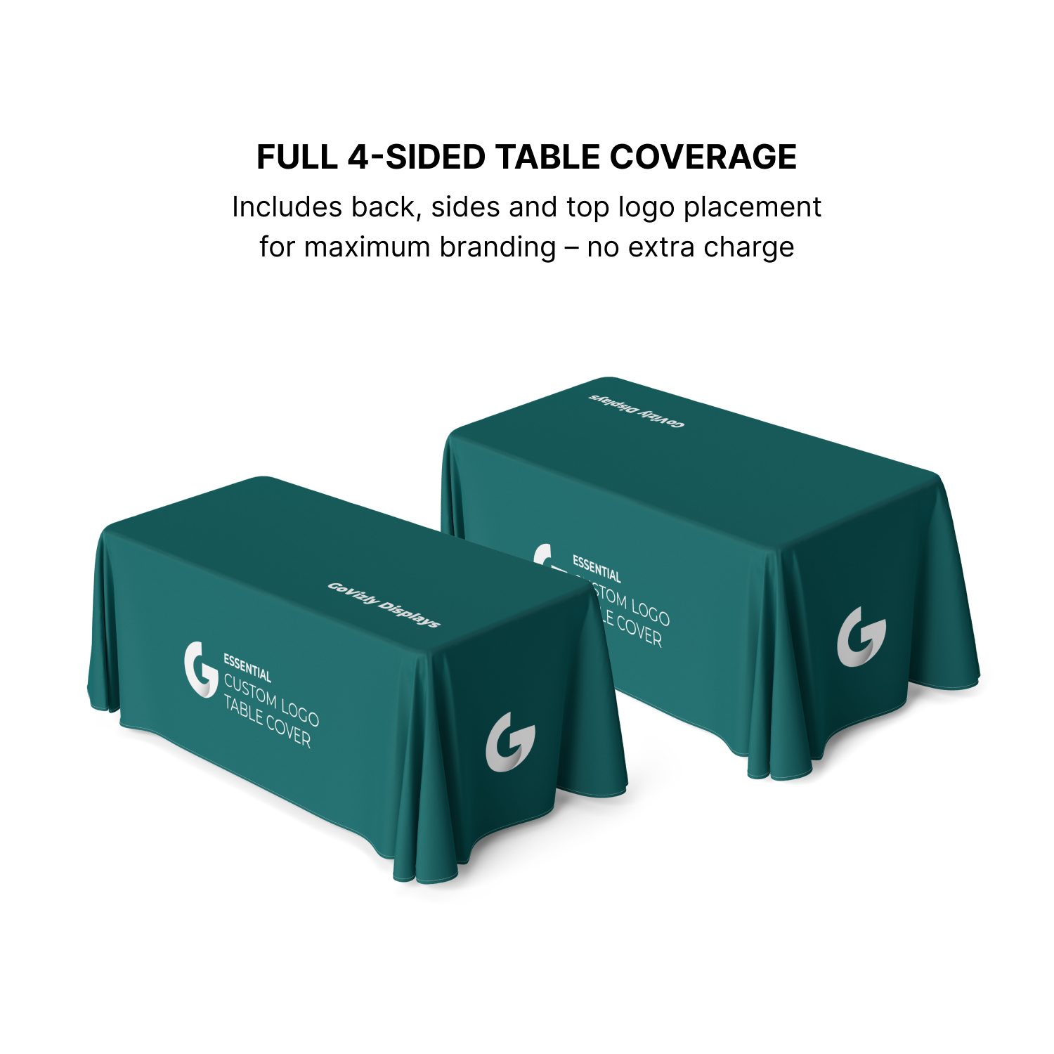 GoVizly 4ft closed back table cover showing front custom logo print and rear panel with complete 4-sided floor-length coverage