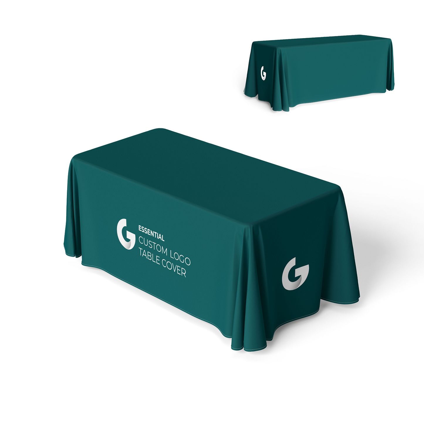 GoVizly 4ft closed back table cover front view showing full-color custom logo print and floor-length drape