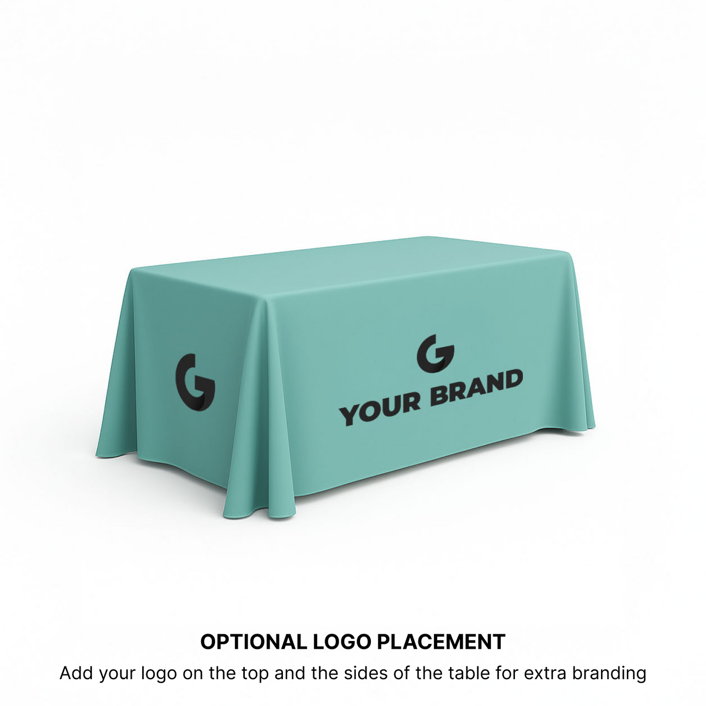 GoVizly 4ft open back table cover angled view showing 3-sided branded coverage and open back cutout