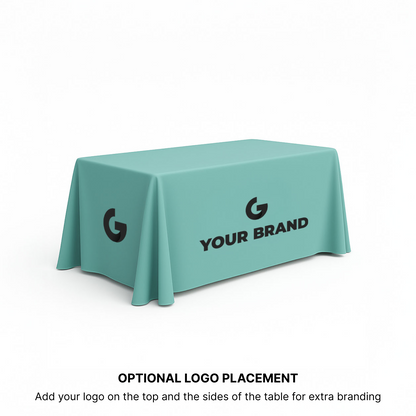 GoVizly 4ft open back table cover angled view showing 3-sided branded coverage and open back cutout