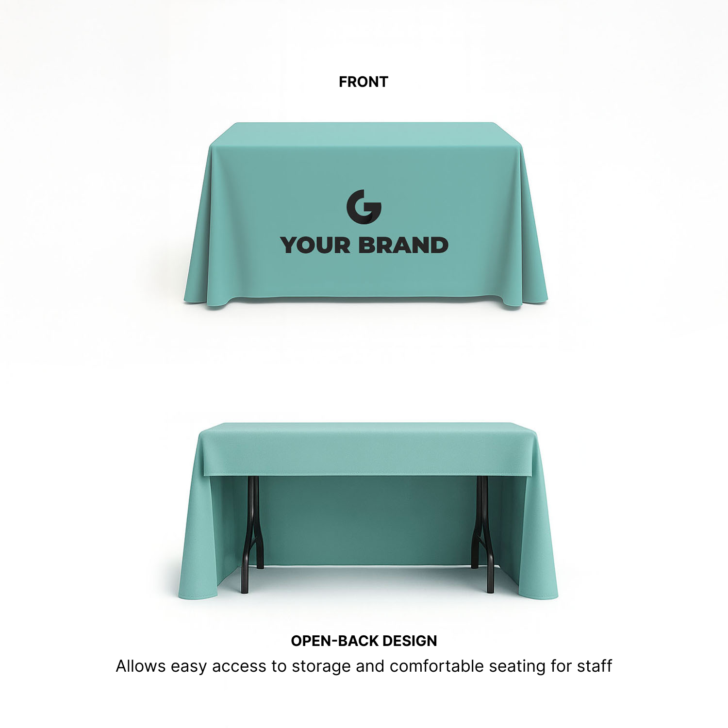 GoVizly 4ft open back table cover showing front custom logo print and rear open-back design for staff access