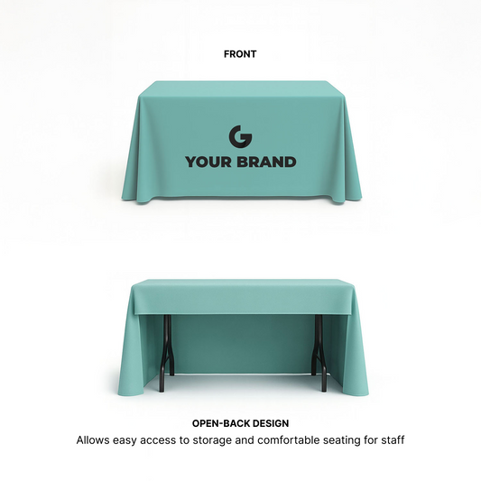 GoVizly 4ft open back table cover showing front custom logo print and rear open-back design for staff access