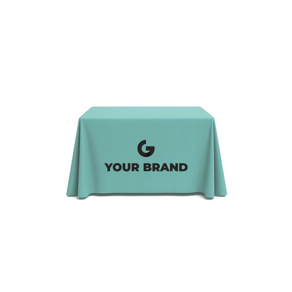 GoVizly 4ft open back table cover front view showing full-color custom logo print across the front panel