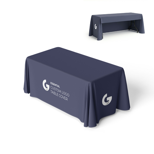 GoVizly 4ft open back table cover front view showing full-color custom logo print across the front panel
