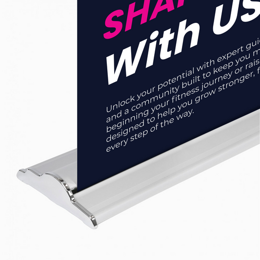Close-up of GoVizly 60 inch height-adjustable retractable banner stand base cassette detail