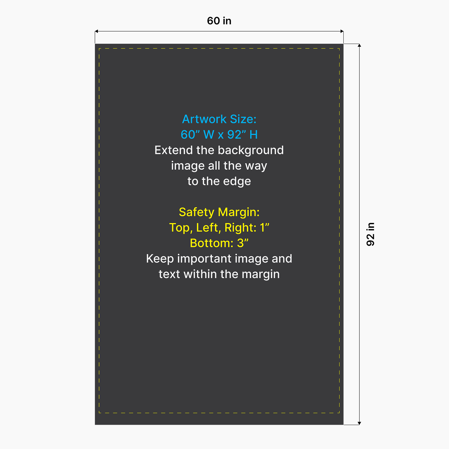 Artwork size and safety margin setup diagram for GoVizly 60 inch height-adjustable retractable banner stand