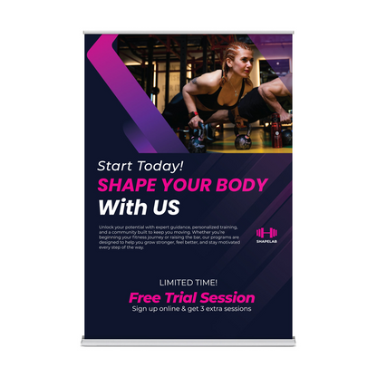 GoVizly 60 inch height-adjustable retractable banner stand front view with full-color printed graphic
