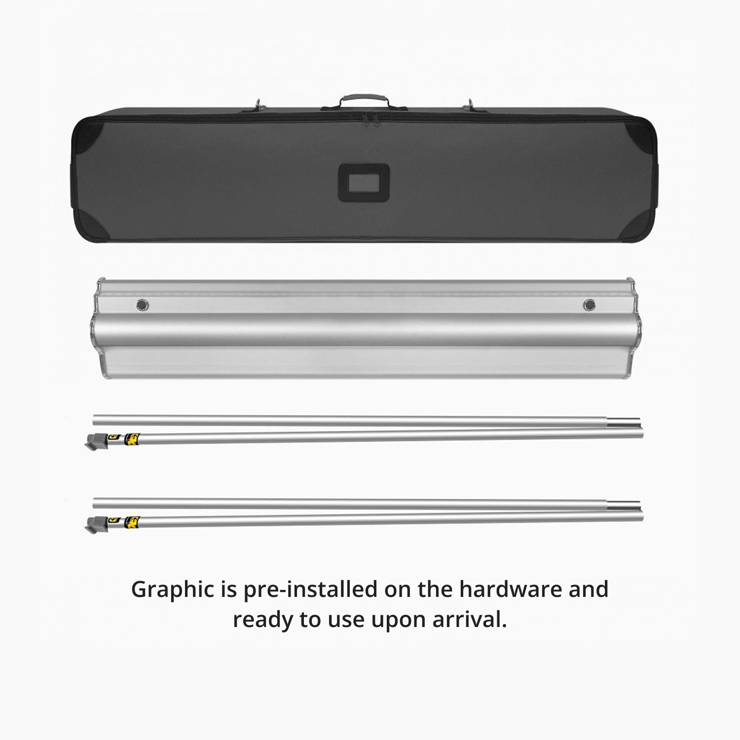 All included components of GoVizly 60 inch height-adjustable retractable banner stand — base, pole, graphic, and carrying case