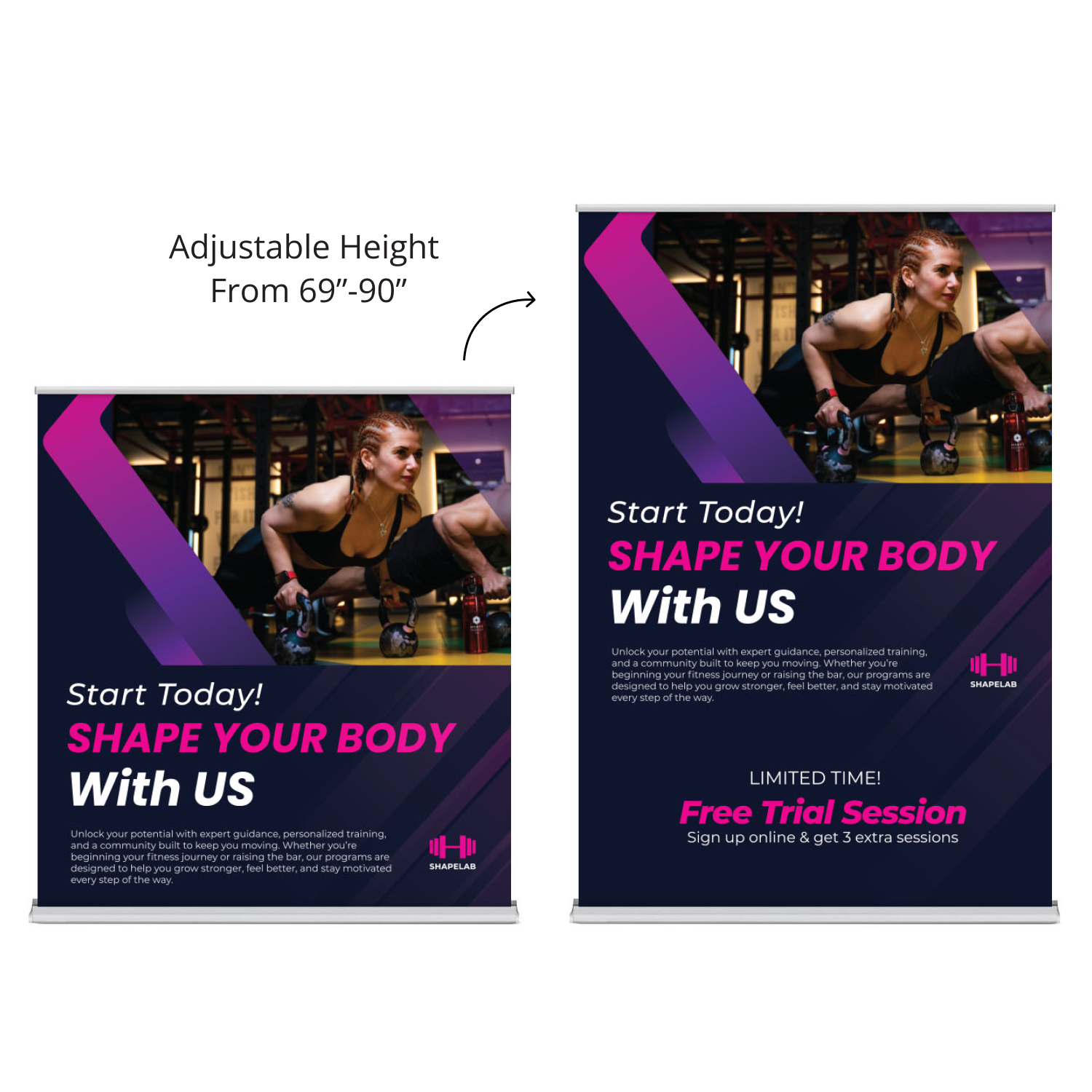 GoVizly 60 inch height-adjustable retractable banner stand showing height adjustment range
