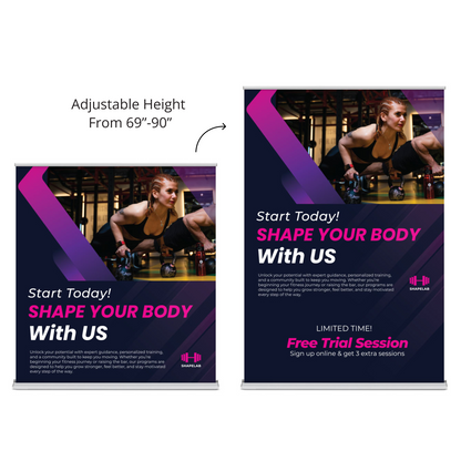 GoVizly 60 inch height-adjustable retractable banner stand showing height adjustment range