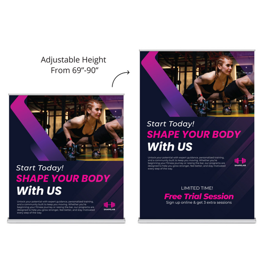 GoVizly 60 inch height-adjustable retractable banner stand showing height adjustment range