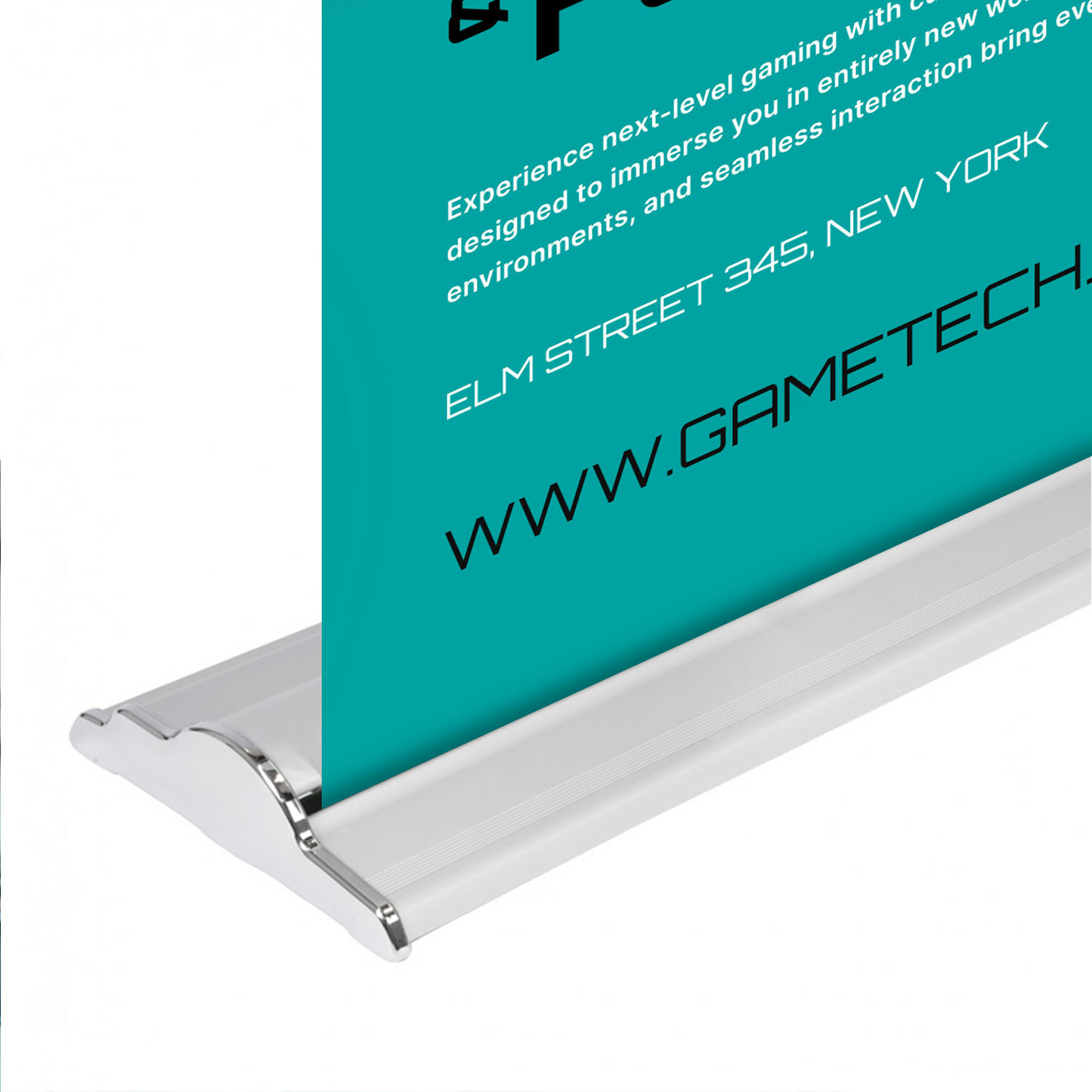 Close-up of GoVizly 60x69 wide media wall retractable banner stand silver aluminum footless base