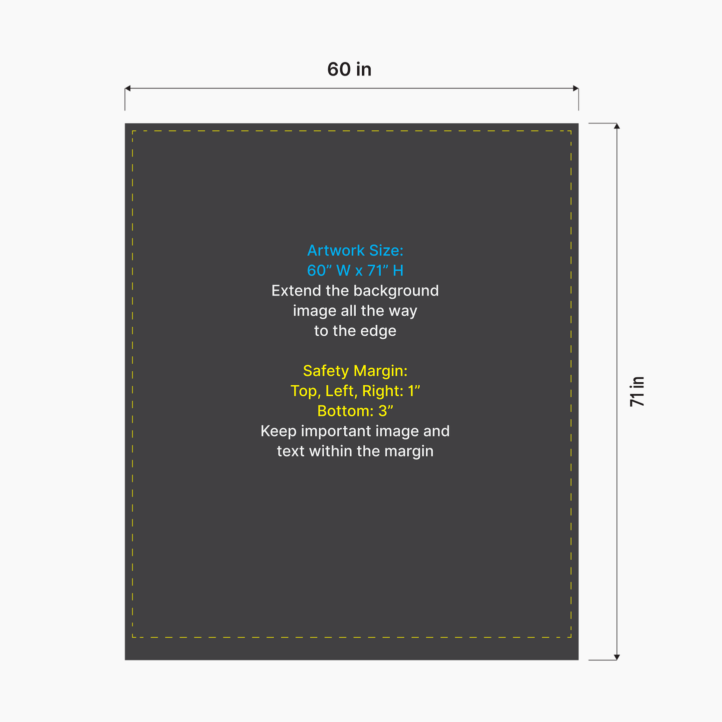 Artwork size and safety margin setup diagram for GoVizly 60x69 wide media wall retractable banner stand