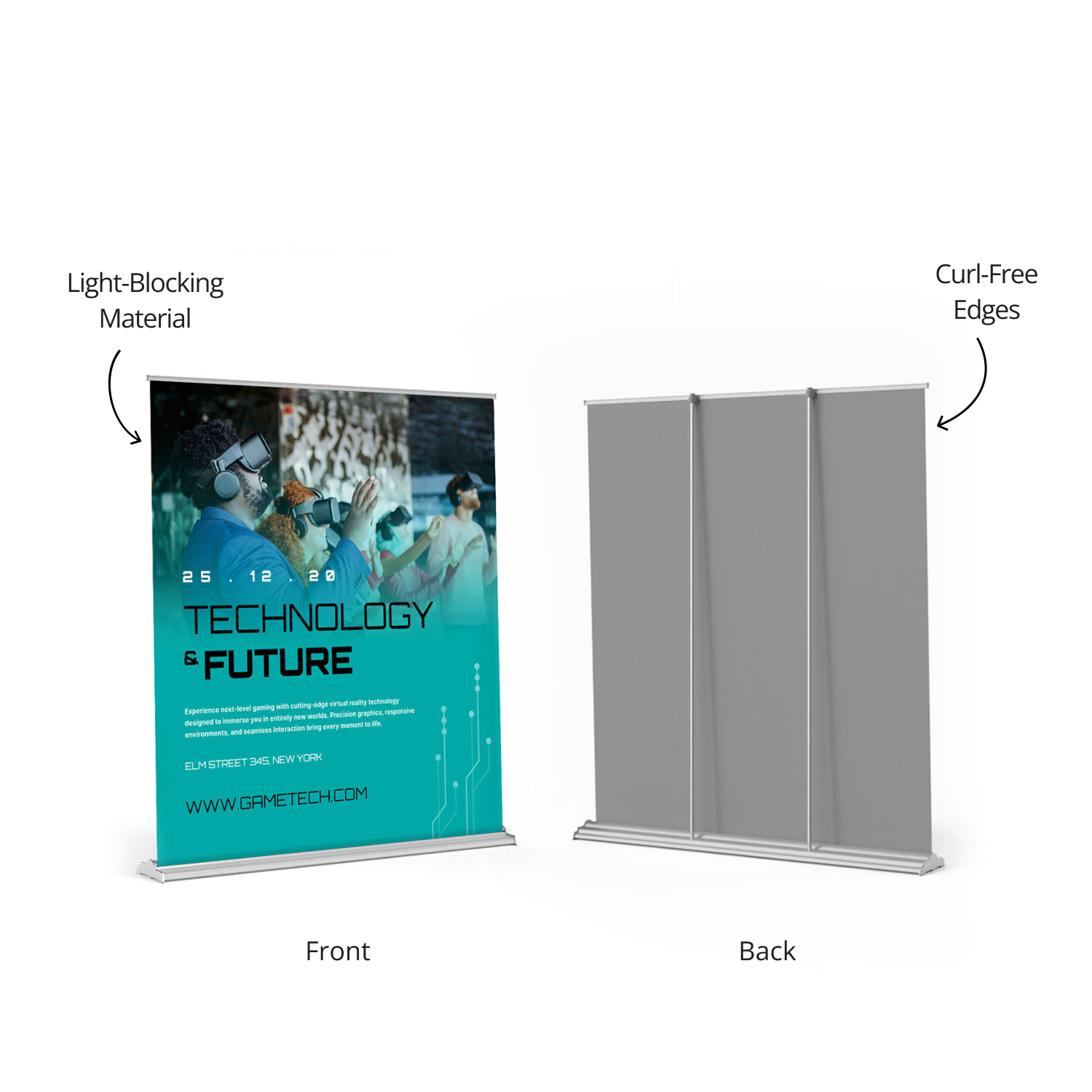 Front and back view of GoVizly 60x69 wide media wall retractable banner stand showing light-blocking fabric and triple support poles