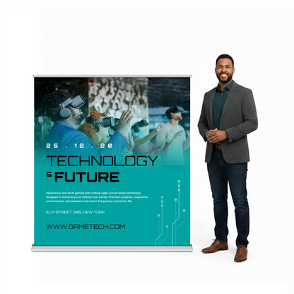 GoVizly 60x69 wide media wall retractable banner stand shown next to person for scale