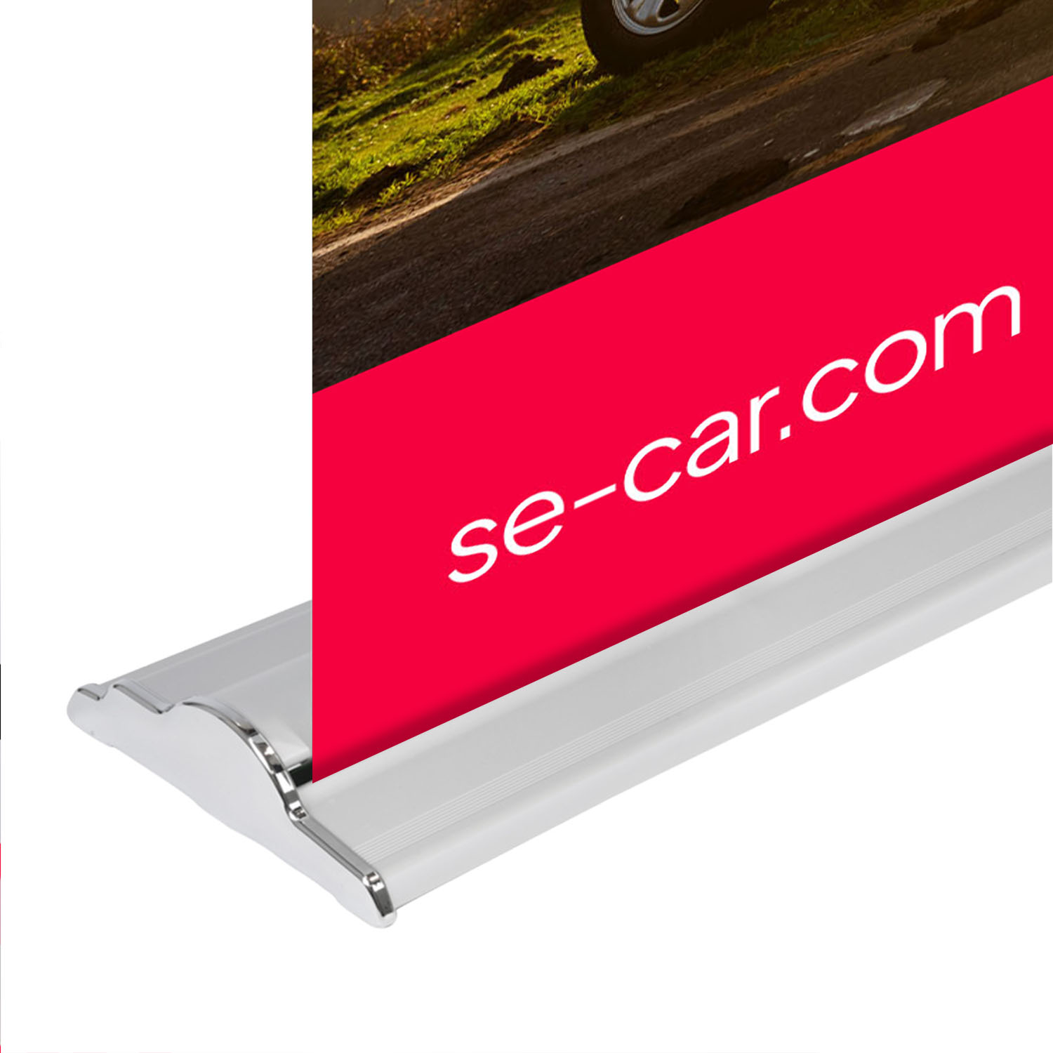 Close-up of GoVizly 60x80 premium media wall retractable banner stand silver aluminum footless base