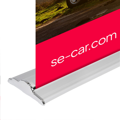 Close-up of GoVizly 60x80 premium media wall retractable banner stand silver aluminum footless base