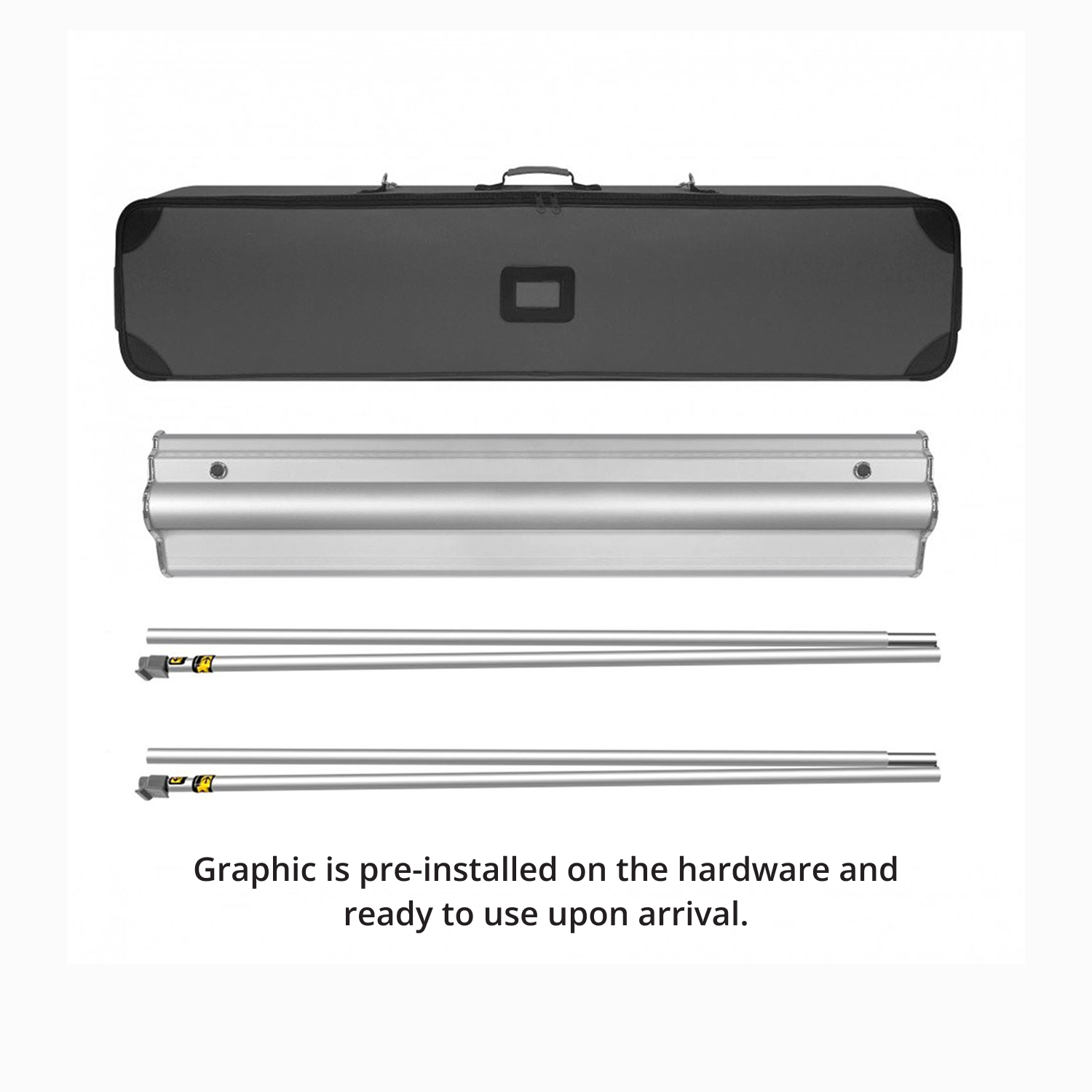 All included components of GoVizly 60x80 premium media wall retractable banner stand — base, triple support poles, graphic, and carrying case