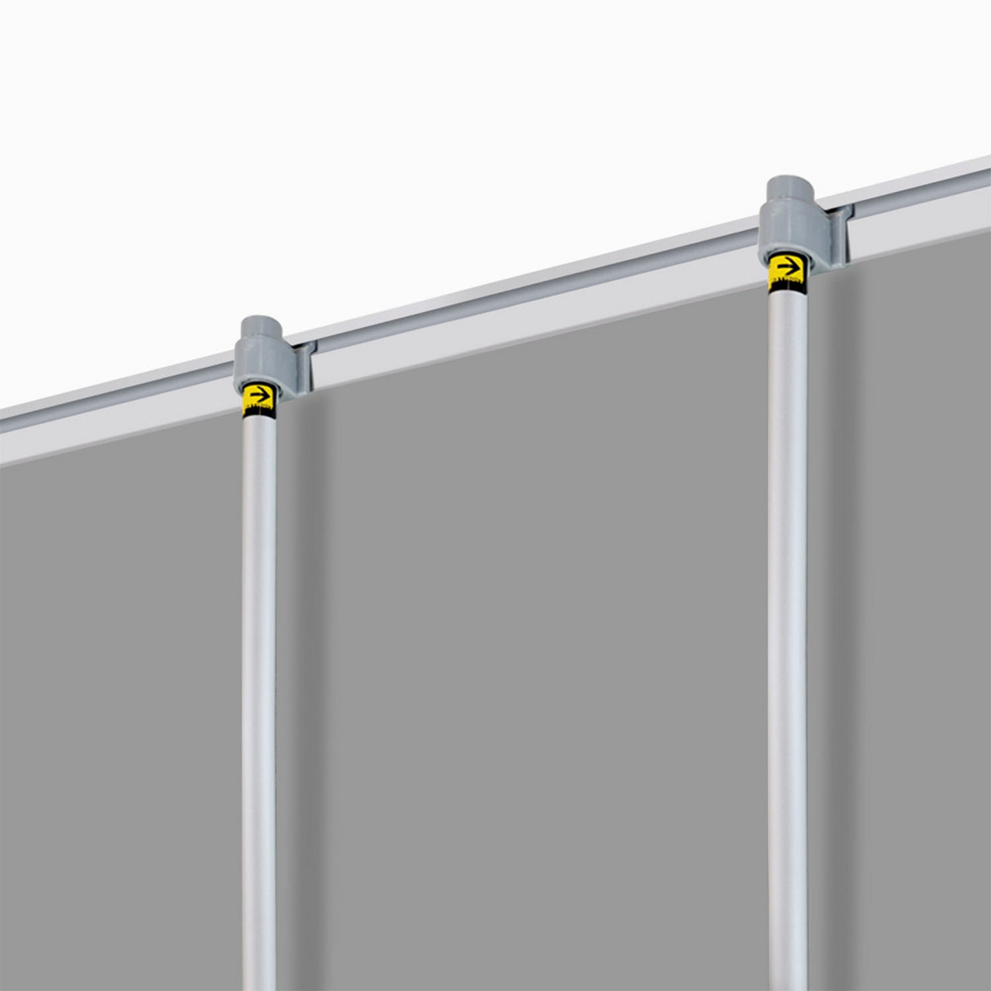 Triple support pole and top-rail detail of GoVizly 60x80 premium media wall retractable banner stand