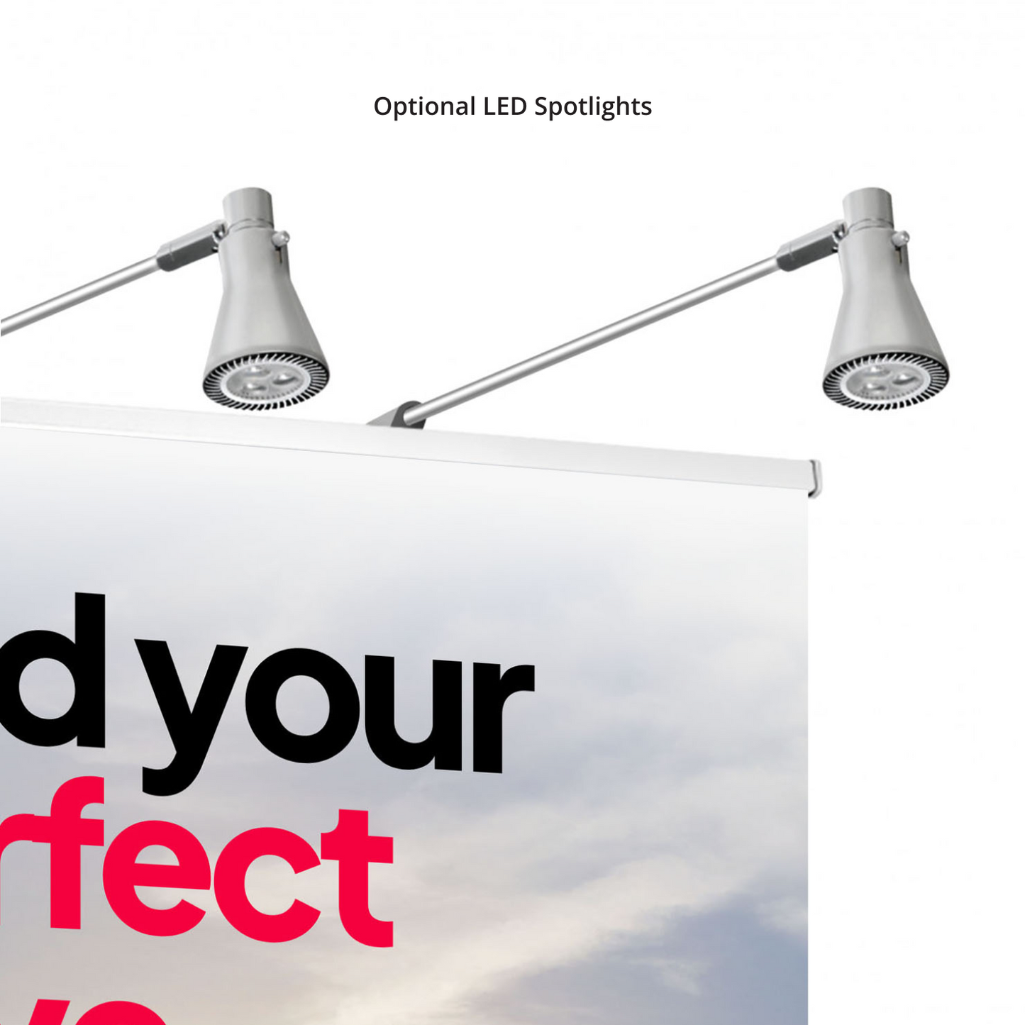 Optional LED spotlight accessory shown with GoVizly 60x80 premium media wall retractable banner stand