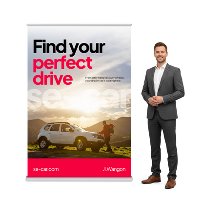 GoVizly 60x80 premium media wall retractable banner stand shown next to person for scale