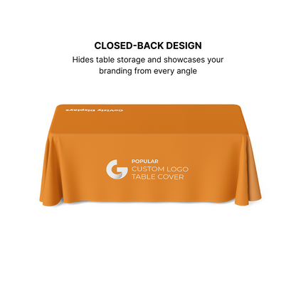 GoVizly 6ft 4-sided closed-back trade show table cover with full-color custom branded graphics shown in a professional booth setup