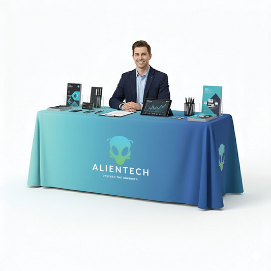GoVizly 6ft 4-sided closed-back trade show table cover with full-color custom branded graphics shown in a professional booth setup