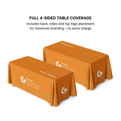 Front and back view of GoVizly 6ft 4-sided closed-back custom table cover showing full floor-length coverage on all sides