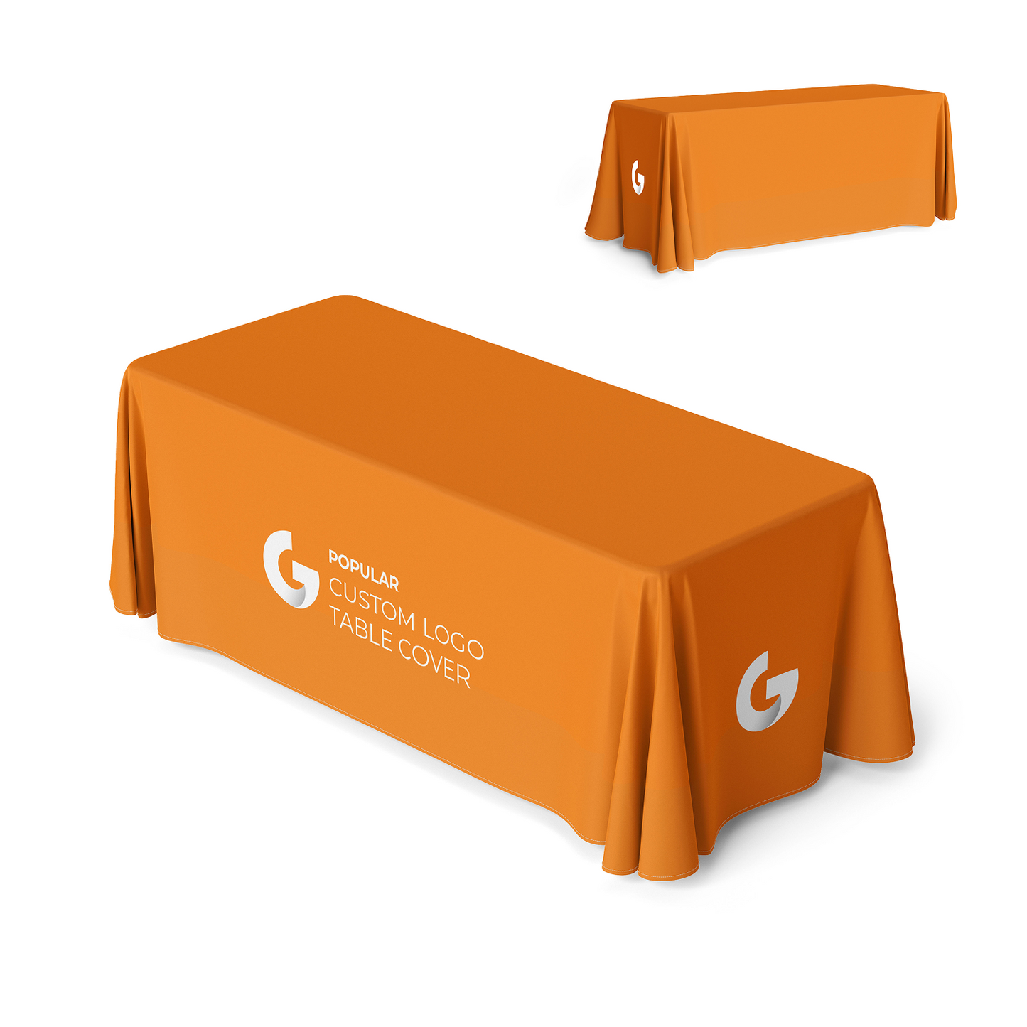 Front view of GoVizly 6ft 4-sided closed-back table cover with full-color dye-sublimated logo printing